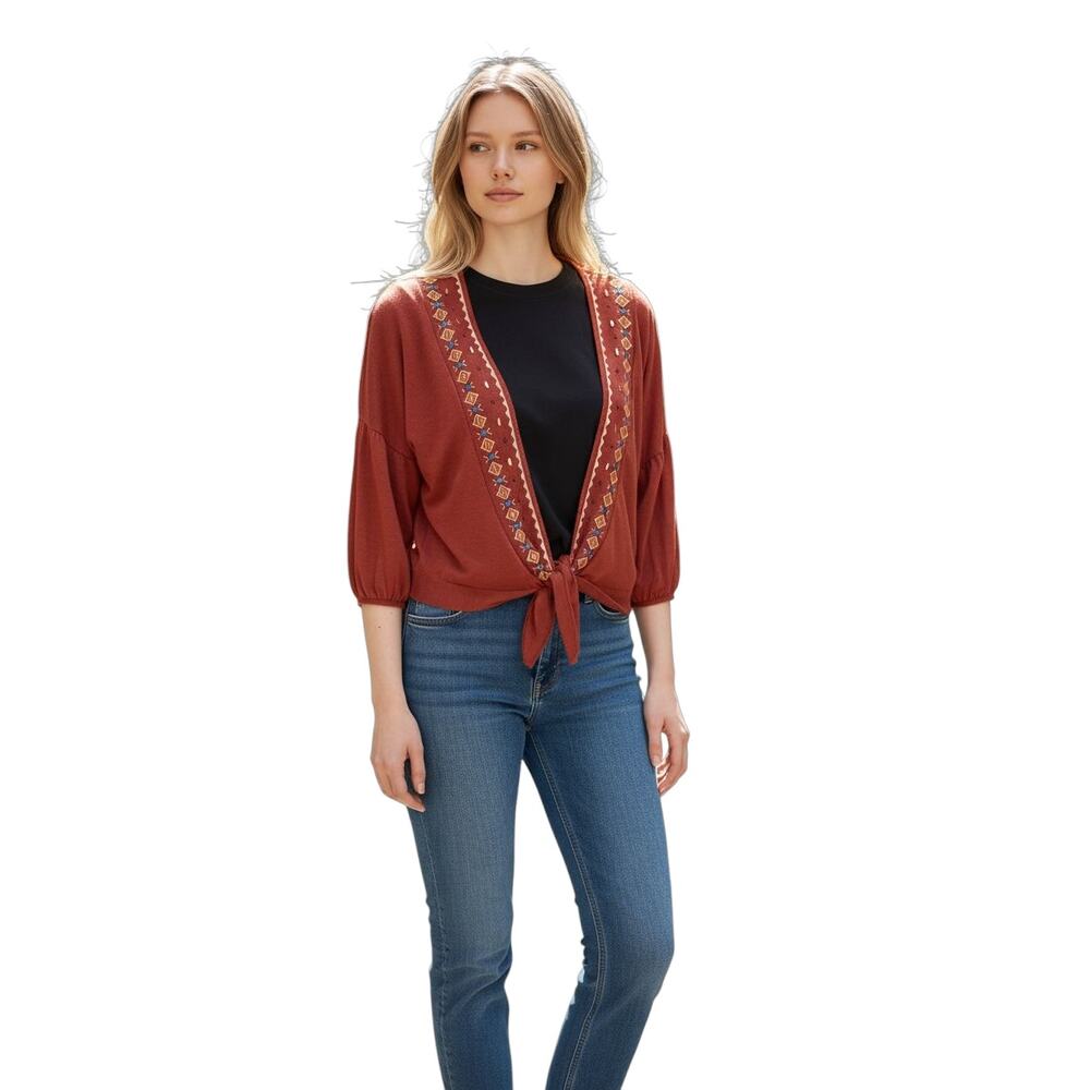 AYLA Embroidered Cropped Cardigan Tie Front Womens Medium Rust